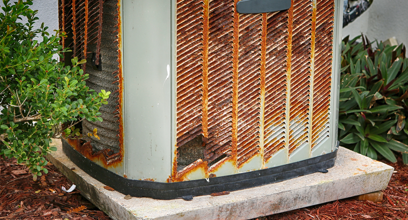 Old rustic broken air conditioner - stock photo