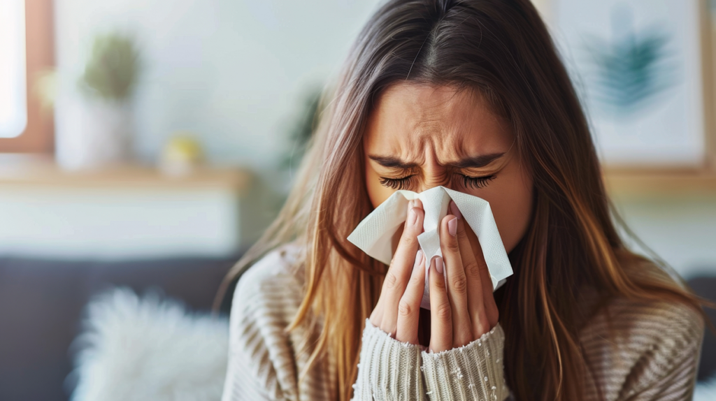 Woman with runny nose sneezes into tissue battling allergies or cold.