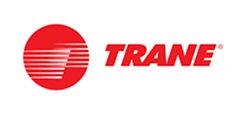 Red circular Trane logo with horizontal lines on the left, next to the word "TRANE" in bold red letters on a white background.