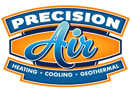 Logo for Precision Air, featuring the text "Heating • Cooling • Geothermal" in blue and orange colors with a bold, stylized design.