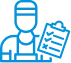Blue outline icon of a person holding a stack of coins, representing financial services or wealth management.