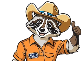 Cartoon raccoon wearing a cowboy hat and orange shirt with a "Nash" name tag, giving a thumbs up and smiling.