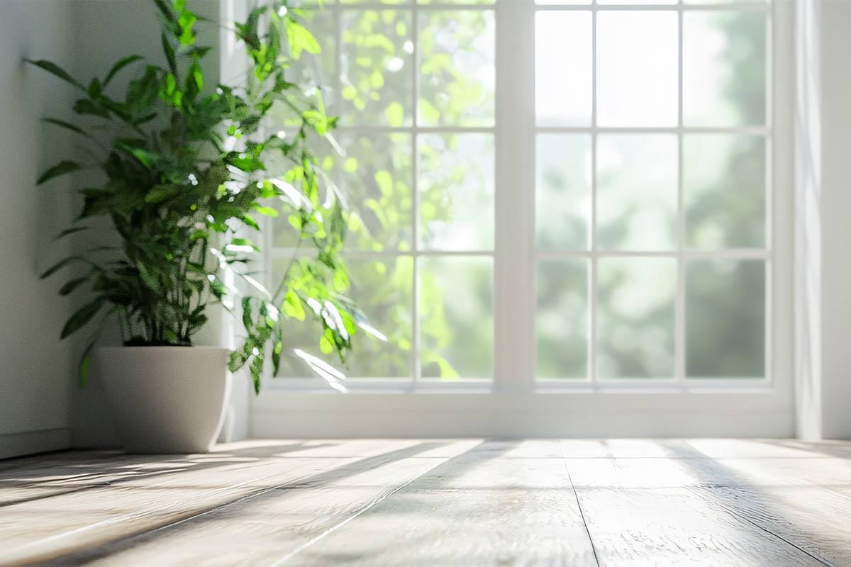 potted plant next to large french pane window promoting good air quality