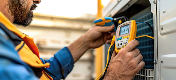 Serviceman performing air conditioner maintenance to help prevent costly AC repairs