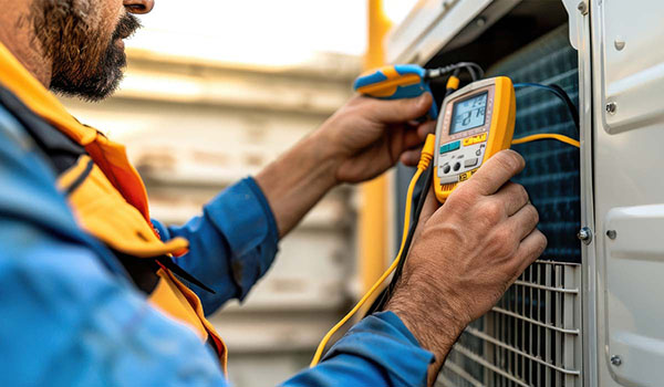 Serviceman performing air conditioner maintenance to help prevent costly AC repairs