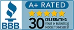 BBB A+ rated badge with five stars, celebrating 30 years in business in Middle Tennessee.