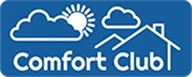White outlined clouds, a sun, and a house roof appear above the text "Comfort Club" on a blue background.