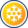 A white snowflake icon centered on a yellow and orange circular background with a dark blue border.
