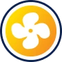 A white four-blade propeller icon centered on a yellow-orange circular background with a blue border.