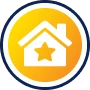 A white house icon with a star in the center, set against a yellow gradient circle with a blue and white border.