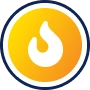 A yellow and orange circular icon with a white flame symbol in the center, outlined by a blue and white border.