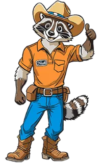 Cartoon raccoon in a cowboy hat, orange shirt, tool belt, blue jeans, and boots gives a thumbs up—ready to tackle your commercial services with a smile.