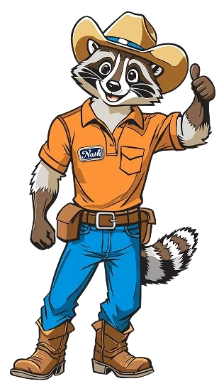 Cartoon raccoon wearing a cowboy hat, orange shirt with a "Nash" name tag, blue jeans, boots, tool belt, and giving a thumbs up.