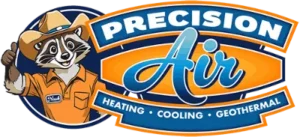 Logo for Precision Air showing a smiling raccoon in a uniform and cowboy hat giving a thumbs up, next to text reading "Precision Air Heating Cooling Geothermal.