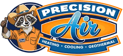 Logo for Precision Air showing a smiling raccoon in a uniform and cowboy hat giving a thumbs up, next to text reading "Precision Air Heating Cooling Geothermal.
