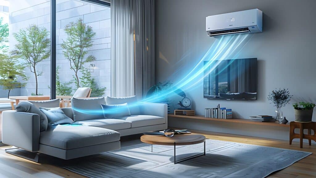 A modern living room with a wall-mounted air conditioner blowing cool air across a sofa, coffee table, TV, and bookshelf, with large windows letting in natural light.
