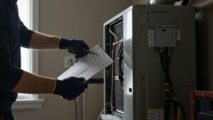 A technician wearing gloves inspects an HVAC unit and checks information on a clipboard inside a room with a window. AC Unit Replacement Services