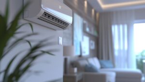 Wall-mounted air conditioner unit in a modern living room with neutral decor, a sofa, and a large window letting in natural light.
